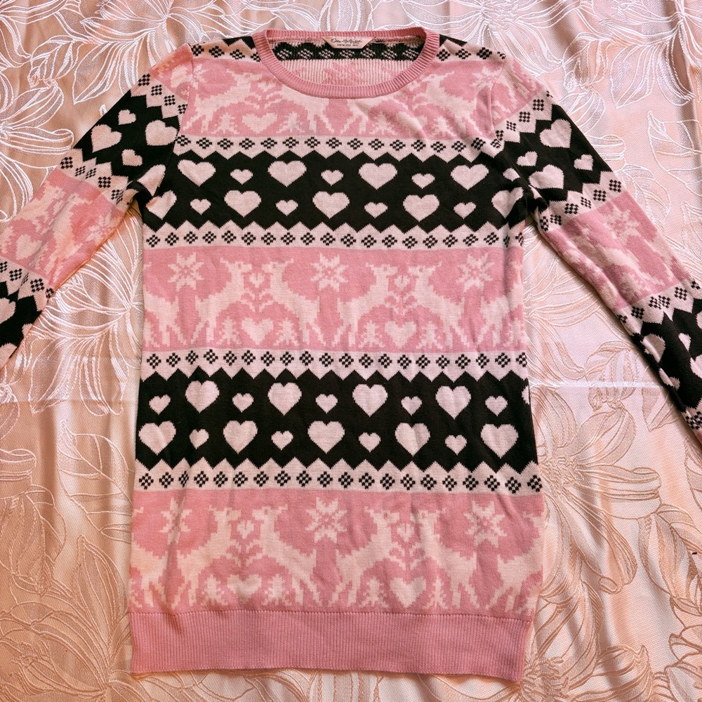 Vintage Pink and Black Heart-Pattern Women's Sweater - Size 2 (Small)